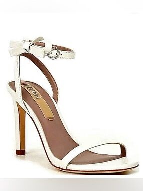 DELTAN Miranda White Leather Bow Ankle Strap Stiletto Sandals 9.5 NWOB